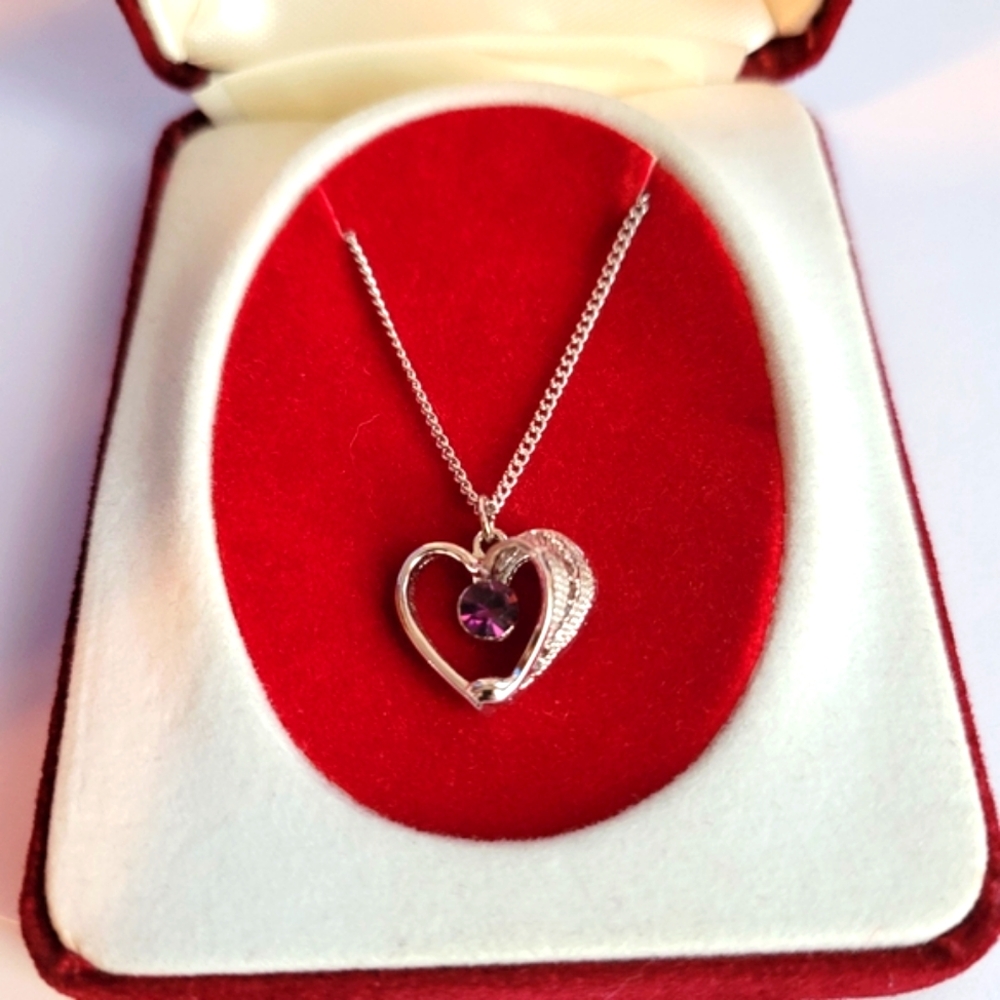 Vintage silver heart necklace with red velvet box purple gem